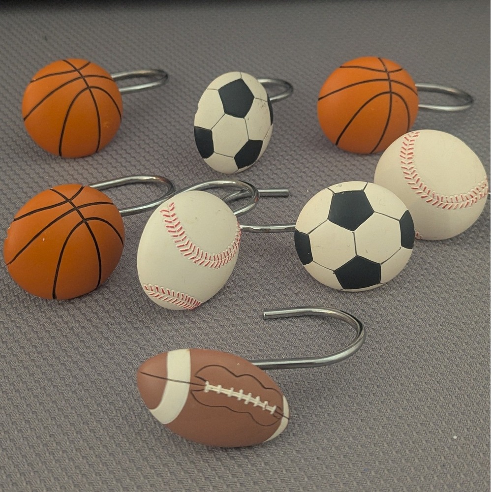 Sports Shower Curtain Hooks Set of 8 Basketball Baseball Soccer Football Decor